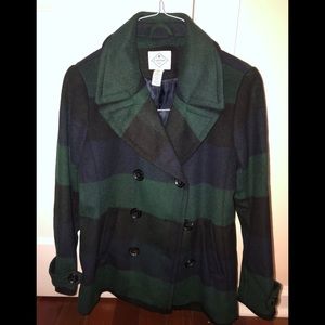 St Johns Bay Blue Green Plaid Peacoat Jacket PM